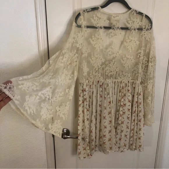 Denim Supply Ralph Lauren Bohemian Printed Tea Dress Lace Flare Sleeves Prairie - Picture 12 of 14